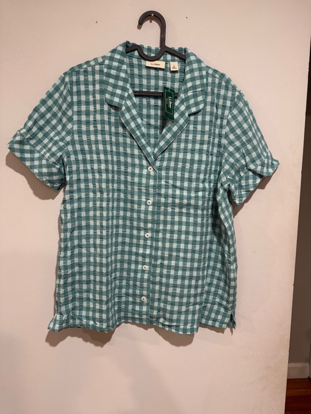 L.L. Bean Men's Teal and White Gingham Short Sleeve Button-Down Shirt